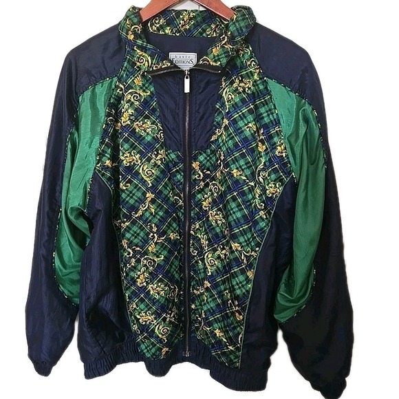 Vintage Jackets & Blazers - Vtg Basic Editions Windbreaker Jacket Womens M Medallion Print Gold Blue Green
